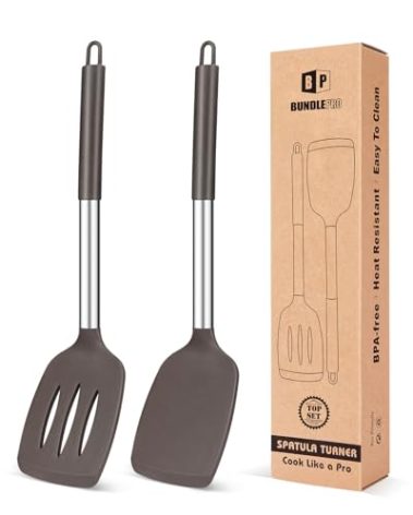 Pack of 2 Silicone Solid Turner, Non Stick Slotted Kitchen Spatulas, High Heat Resistant BPA Free Cooking Utensils, Ideal Cookware for Fish, Eggs, Pancakes(Chocolate)