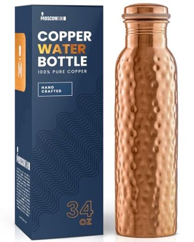 Moscow-Mix Pure Copper Water Bottle for Drinking 34 oz Large - Ayurvedic Copper Water Bottle, Leak Proof Lid, 100% Copper Drinking Water Bottle - Handcrafted Hammered Copper Bottle Water Vessel