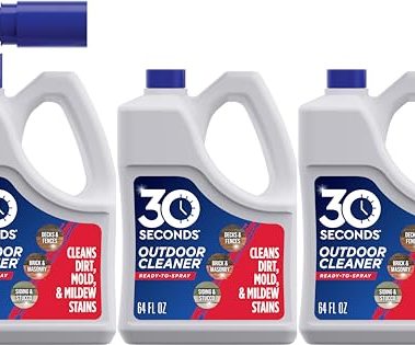 30 Seconds Outdoor Cleaner | Cleans Moss & Algae Stains from House, Vinyl Siding, Deck, Patio, Fence - 3 Capped Bottles, 1 Hose End Spray Attachment (64 Fl Oz (Pack of 3)