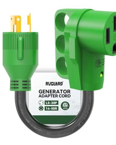 RVGUARD 3 Prong 30 Amp to 50 Amp RV Generator Adapter Cord 12 Inch, STW 10/3, L5-30P Locking Male Plug to 14-50R Female with LED Power Indicator, Green