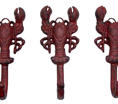 Rustic Red Cast Iron Lobster Wall Hooks, Set of 3, 5 3/4 Inch
