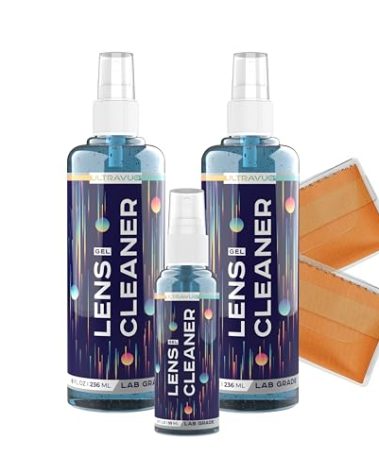 ULTRAVUE Eyeglass Gel Lens Cleaner Spray Kit - 2 x 8oz and 1 x 2oz Gel Eyeglasses Cleaner Spray Bottle + 2 Microfiber Cloth for Cleaning - Safe for All Lenses (AR Coated Included)