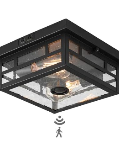 CALOKES Outdoor Flush Mount Motion Sensor Ceiling Light - Timeless Industrial Design with Seeded Clear Glass for Your Porch, Driveway, Covered Patio, Farmhouse, and Entryway