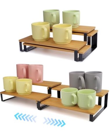 Coffee Mug Organizer Expandable Mug Holder Cup Organizer for Kitchen Cabinets, Adjustable 2-Tier Under Cabinet Coffee Mug Holder Mug Display Shelf Space-Saving with Multi-Functional Use