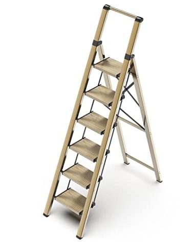GameGem 6 Step Ladder for 12 Feet High Ceiling, Lightweight Aluminum Folding Step Stool with Convenient Handgrip, Stepladders with Anti-Slip and Wide Pedal for Home Use Space Saving - Gold