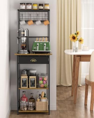 5 Tier Coffee Bar Station with Drawer, Kitchen Stand with 4 S-Shaped Hooks, Farmhouse Corner Coffee Bar Cabinet for Small Spaces, Bakers Rack for Kitchen, Living Room, 13.43" D x 18.93" W x 53.31" H