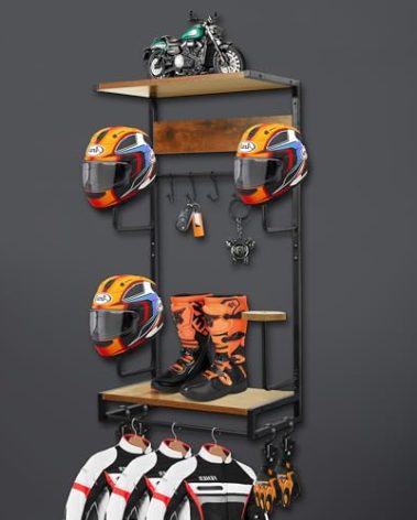 NANXITU Motorcycle Helmet Rack Wall Mount, Retro Rust Helmet Holder with Wood Floating Shelf and Hooks for Storage