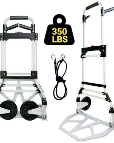 350LB Folding Hand Truck Dolly Cart, Aluminum Portable Cart Heavy Duty Utility Dolly Trolley with Swivel Handle, Telescoping Handle, Elastic Cord, 7-inch Big Wheels for Home, Shopping, Office