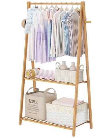 COOGOU Kids Clothing Rack for Hanging Clothes,Small Toddler Clothes Racks Bamboo Wooden Garment Dress Up Storage Costume Rack with Shelves for Laundry Drying,Short,Mini,Floor Standing