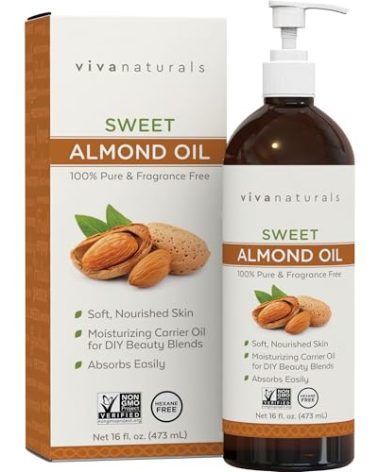 Viva Naturals Sweet Almond Oil for Skin - Body Oil, Hair Moisturizer and Relaxing Massage and Oil, Carrier Oil for Essential Oils Mixing, Non-Greasy Pure Sweet Almond Oil for Hair and Skin, 16 fl oz