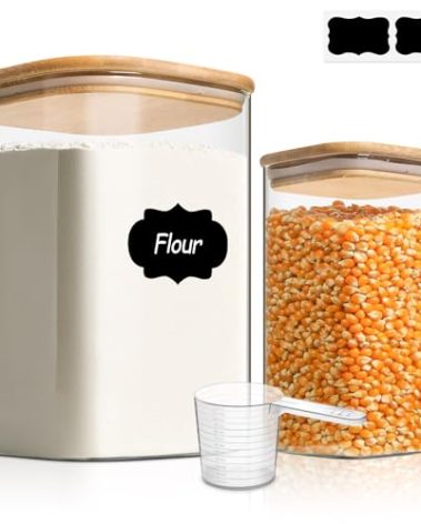 ComSaf Glass Food Storage Containers, 3.6Qt/1.2Qt Glass Flour and Sugar Containers with Airtight Lids, Large Square Jars with Bamboo Lids for Rice, Pasta, Oats, Grains, Cookies, Snacks, Candy