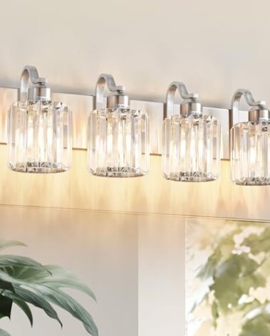 Aixialin 4 Lights Brushed Nickel Vanity Light Crystal Wall Light Bathroom Light Fixtures with Round Shade (Exclude Bulb)