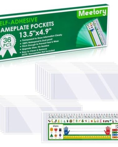 Meetory 36 Pieces 13.5” x 4.9” Clear Nameplate Pocket Self-Adhesive Desk Name Tag- Covers for School Classroom Desk, Office Supplies（NOT Include Name Tags）