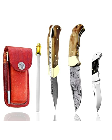 Best.Buy.Damascus1 Damascus Pocket Knife – Handmade Folding Knife with Olive Wood Handle, Razor Sharp EDC with Leather Sheath – Survival, Camping & Hunting Knife for Men