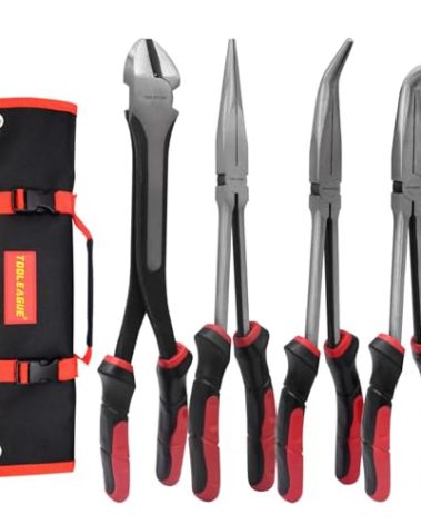 TOOLEAGUE 4Pcs Extra Long Needle Nose Pliers Set,11" Long Reach Straight,45/90 Degree Bent Nose,Diagonal Pliers Craft Repairing Tool