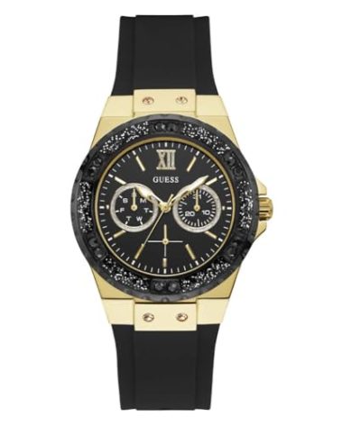 GUESS Gold-Tone Stainless Steel + Black Stain Resistant Watch with Day + Date Functions. Color: Black (Model: U1053L7)