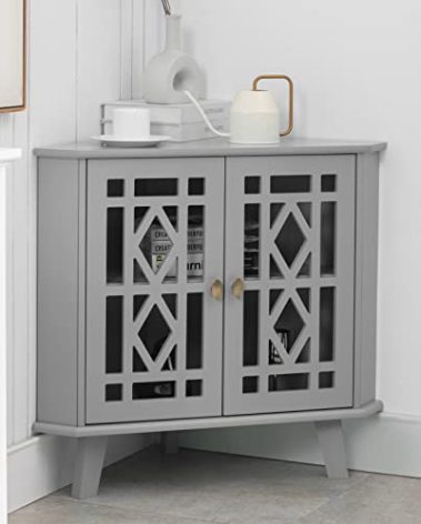 Scurrty 32'' Corner Shelf Stand, Small Corner Table Sideboard Cabinet with 2 Doors and 2-Tier Shelves, Free-Standing Corner Storage Organizer for Living Room, Dining Room & Bathroom (Grey)
