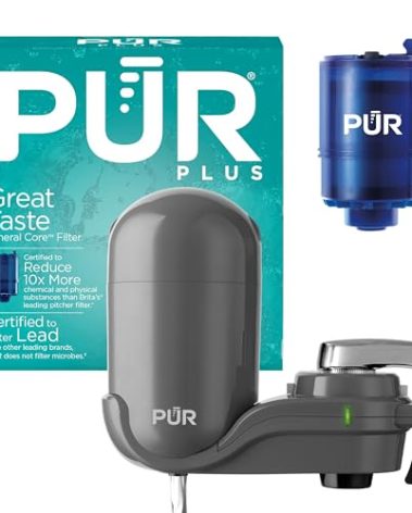 PUR Plus Vertical Faucet Mount Water Filtration System, Lead-Reducing Water Filter For Sink Faucet, Easy Install, 100 Gallons, Compatible with Sinks with External Aerators, Grey