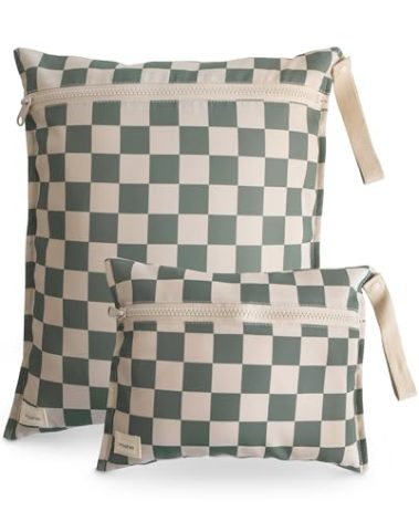 mushie Water Resistant Wet Bags | Large & Small Reusable Storage Bag for Baby Items and Travel | Zippered Pockets with Handle | Machine Washable, Set of 2 (Olive Check)