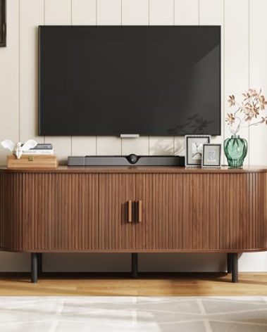 ONBRILL 55" TV Stand with Power Outlet for TVs up to 60 Inch, Entertainment Center with Storage and Adjustable Shelves, Modern Media Console with Sliding Doors for Living Room, Walnut