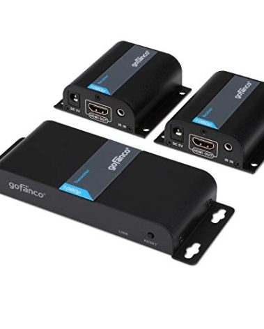 gofanco 130ft 1080p 1x2 2 Port HDMI Extender Splitter Over CAT5e/CAT6/CAT7 ethernet Cable with IR Remote Control, 1 in 2 Out HDMI Distribution Amplifier Up to 40m (130 feet) 1080p 60Hz (HDMIExtSplit)