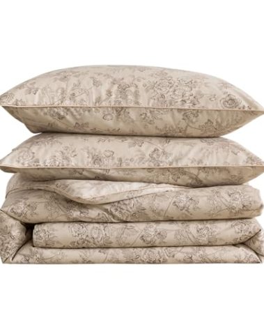 Puralens Beige Floral Duvet Cover, Queen Size 100% Cotton Percale Shabby Flower Patterned Chic Bed Cover Set, Soft Crisp Zipper Reversible Comforter Cover Set, Luxury Vintage Toile Bedding, 3Pcs