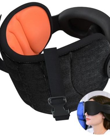 SARISUN Travel Pillows for Airplanes, Airplane Pillow for Long Flight, Airplane Head Strap with Eye Mask for Sleep, Travel Neck Pillow for Car Road Trip, 360° Support Headrest, Stop Bobblehead, Orange