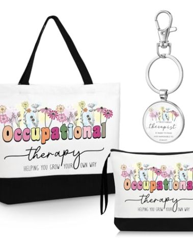 Kacctyen 3 Pcs Occupational Therapy Gifts Canvas Tote Bag Mental Healthy Makeup Cosmetic Bag Psychology Appreciation Keychains OT Gifts for Women Therapists(Cute Occupational)
