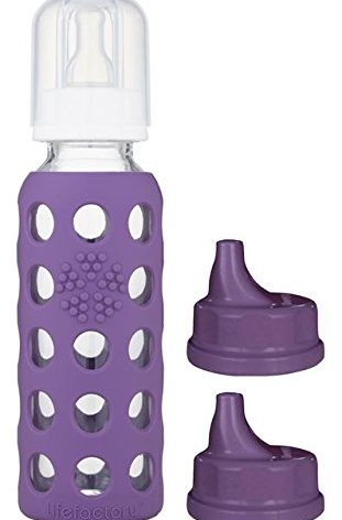 Lifefactory Glass Baby Bottle BPA Free 9 oz + Sippy Cap Set | Protective Silicone Sleeve | Grape