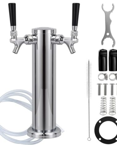 FERRODAY Kegerator Tower Dual Faucet Beer Tower Double Tap Beer Tower Dispenser Beer Tap Kegerator Parts Stainless Steel Tower Brass Faucet Stainless Core Pre-assembled Lines 3" Keg Tower Beer Keg Tap