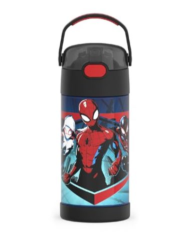 THERMOS FUNTAINER Water Bottle with Straw - 12 Ounce - Kids Stainless Steel Vacuum Insulated Water Bottle with Lid, Spider-Man