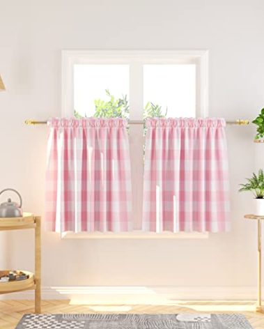 NATUS WEAVER Cafe Curtains 30 inches Long Buffalo Plaid Kitchen Tiers 2 Panels Rod Pocket Gingham Check Short Small Half Window Curtains Bathroom Pink & White