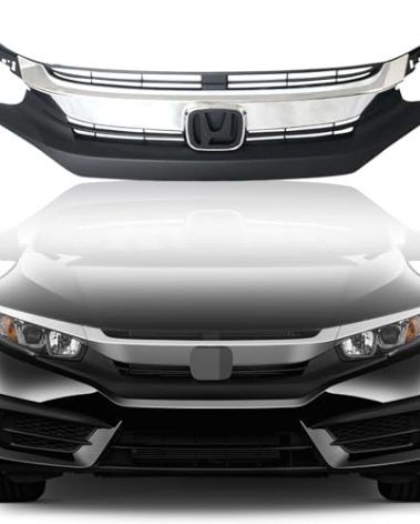Kspeed Front Bumper Grille for 2016 2017 2018 Honda Civic, Black with Chrome Molding Front Upper Hood Grill Replacement Part