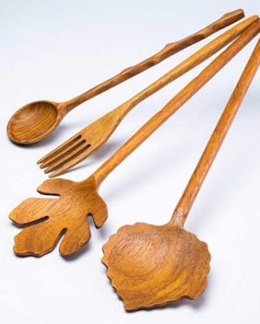 KRECOTIX 4-Piece Handmade Wooden Utensils Set – Eco-Friendly, Non-Stick, Smooth Finish Spoons & Forks – Perfect Hostess & Cooking Gifts, Rustic Kitchen Decor