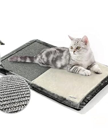 Happi N Pets Cat Scratcher Mat, 3 in 1 Foldable Sisal Mat for Small & Medium Cats, Portable Natural Scratcher with Memory Foam Bed & Interactive Toy, Rectangular, Grey