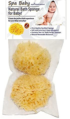 Spa Baby Absorbent Natural Bath Sponge Spa Destinations. Ultra Soft Premium Sea Wool Sponge, Biodegradable, Bath Accessories Baby and Kids, Infant Bath. Two (2) Pack 3-4 inch for Moms