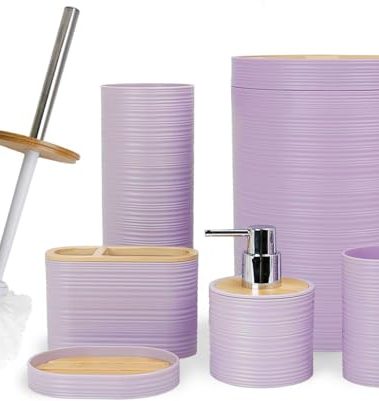 CERBIOR Bathroom Accessories Set 6 Piece Bamboo Bath Ensemble Includes Soap Dispenser, Toothbrush Holder, Toothbrush Cup, Soap Dish for Decorative Countertop and Housewarming Gift, Sriral Purple