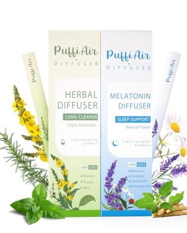 PUFFIAIR Herbal Diffuser Duo with Mullein, Melatonin & More丨Night & Day Relax Duo for Fresh Breath & Calm Sleep Support - 600 Uses Per Stick