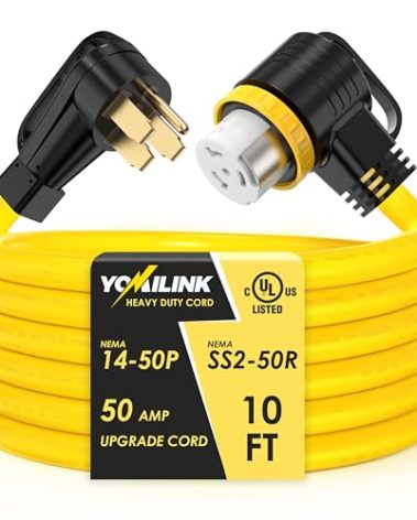 YOMILINK 10 Feet 50 Amp RV/Generator Cord, UL Listed, Locking Connector, NEMA 14-50P to SS2-50R Twist Locking, Newly Designed 90°Grip Handle, 6/3+8/1 Gauge STW Wire