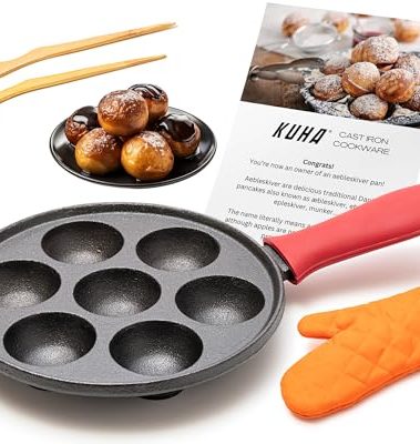 KUHA Cast Iron Aebleskiver Pan - Non Stick Pan for Authentic Danish Stuffed Pancakes - Electric Stovetop Compatible Pancake Maker for Poffertjes, Takoyaki, Appam, Kuli Paniyaram, Baking Cooking