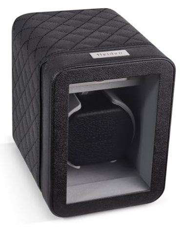 Heiden Monaco Watch Winder - Automatic Watch Winder for Automatic Watches, Rolex - Black Leather - Battery Powered or AC Adapter, 12 Program Settings, Diamond Stitched Vegan Leather
