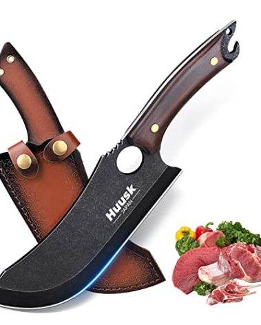 Huusk Hand Forged Meat Cleaver - Japanese Cooking Black Butcher Knife for Meat Cutting, Full Tang Cleaver Knife for Kitchen, Camping Thanksgiving Christmas Gifts