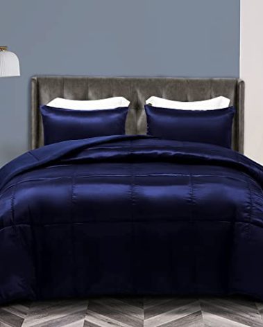 Whale Flotilla 2-Piece Reversible Silky Soft Twin Size Comforter Bedding Set, Luxurious Satin Comforters with Satin Pillowcase, Lightweight Duvet for All Seasons, Navy