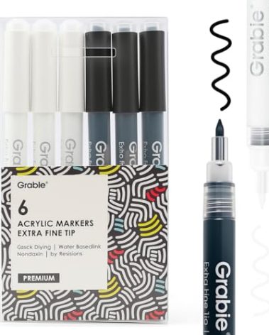 Grabie Black & White Extra Fine Tip Acrylic Paint Marker Set, 6 Pack, 0.7mm Acrylic Paint Pens for Highlights and Fine Details on Drawings, Rock Painting Glass Canvas Wood, White Highlight Markers