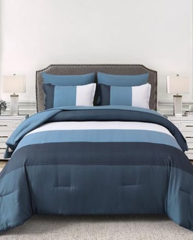 Navy Blue Queen Bed in a Bag Comforter Set 7 Pieces Navy Striped Patchwork Bedding Set for Queen Bed, Soft Microfiber Reversible Down Alternative Complete Comforter with Sheet Set