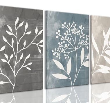okudolit Vintage Botanical Canvas Wall Art Set of 3 Blue Grey and Beige Neutral Plant Leaf Prints Boho Minimalist Floral Art Pictures Wall Decor for Living Room Bedroom bathroom Office-16x24in