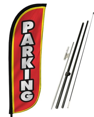 LookOurWay Feather Flag Set - 5ft Tall Advertising Banner Flag with Pole Kit and Ground Spike for Business Promotion - Parking