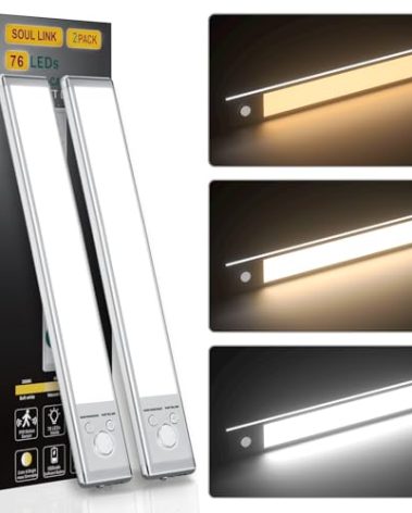 Under Cabinet Lights,76 LED Operated Motion Sensor Light Indoor,1500mAh USB Rechargeable Closet Lights, 2 Pack Magnetic Dimmable Closet Lights，Wireless Under Counter Lights for Kitchen, Stairs