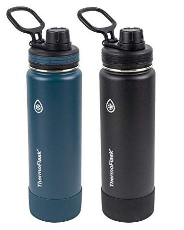 ThermoFlask Bottle with Spout Lid - Stainless Steel Water Bottles with Double-Wall Insulation & BPA-Free Spout Lids - Leak-Proof Reusable Bottles & Lids - 24 oz, Mayan Blue/Black (2 Pack)