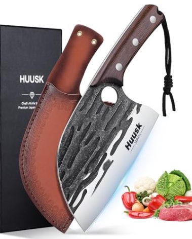 Huusk Upgraded Serbian Chef Knife-Japanese Meat Cleaver Knife for Meat Cutting Forged Butcher Knives with Sheath Full Tang Kitchen Chopping Knives for Home, Outdoor Cooking, Camping